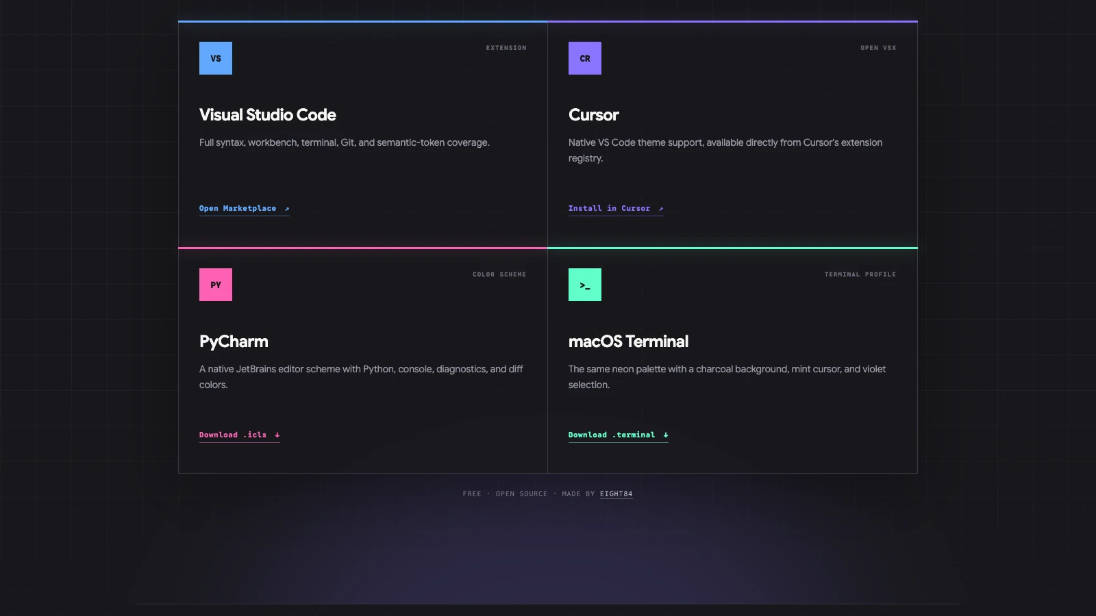 Nicely Neon installation options for VS Code, Cursor, PyCharm, and macOS Terminal