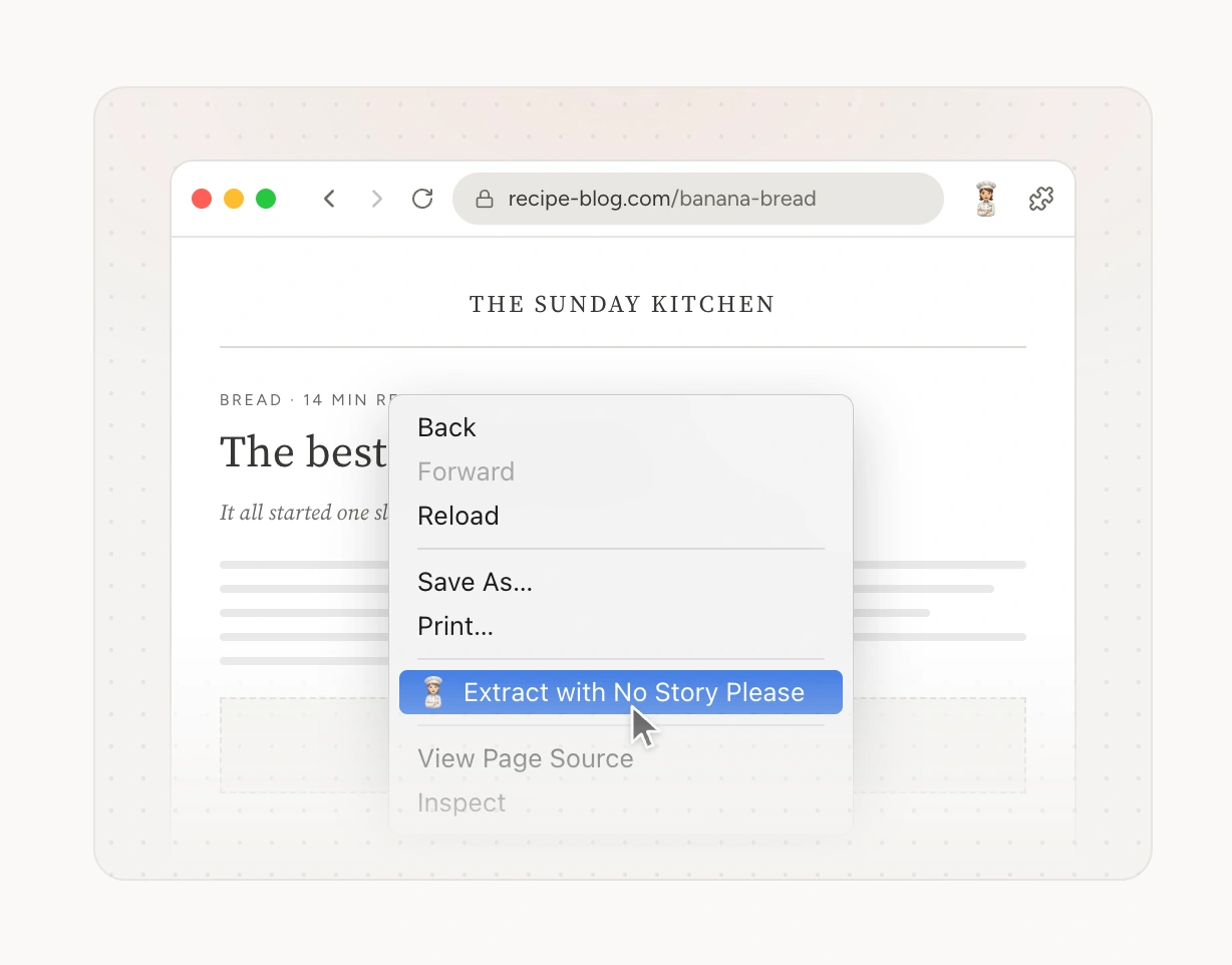 Close-up of the browser context menu and No Story Please extraction command on a light dotted gradient