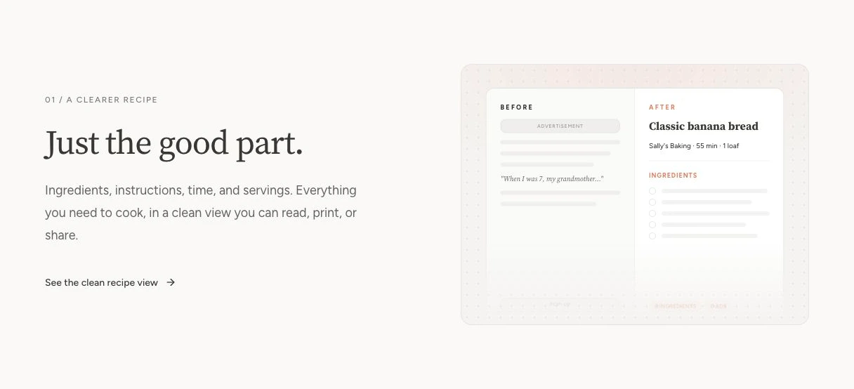 The redesigned clean-recipe section with a before-and-after illustration and editorial typography