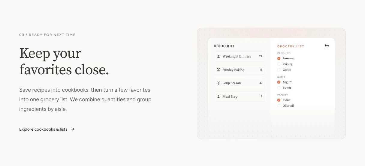 Cookbook and grocery-list cards presented together on a soft dotted surface