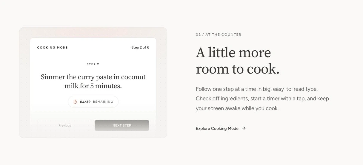 Cooking mode with a step-by-step recipe card and timer over a soft dotted background