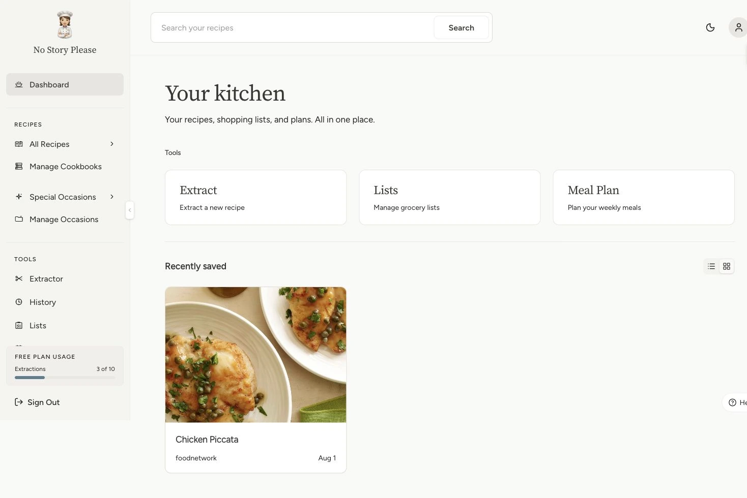 No Story Please dashboard with sidebar navigation, kitchen tools, and a recently saved Chicken Piccata recipe