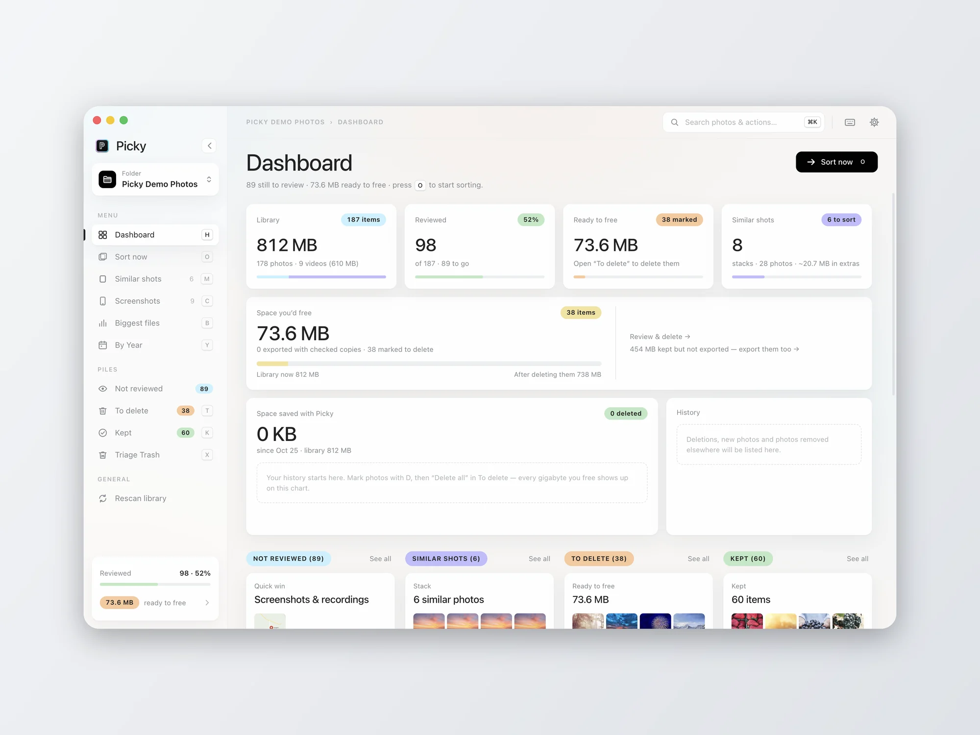 Picky dashboard in light mode with library size, review progress, space ready to free, and similar-shot stacks