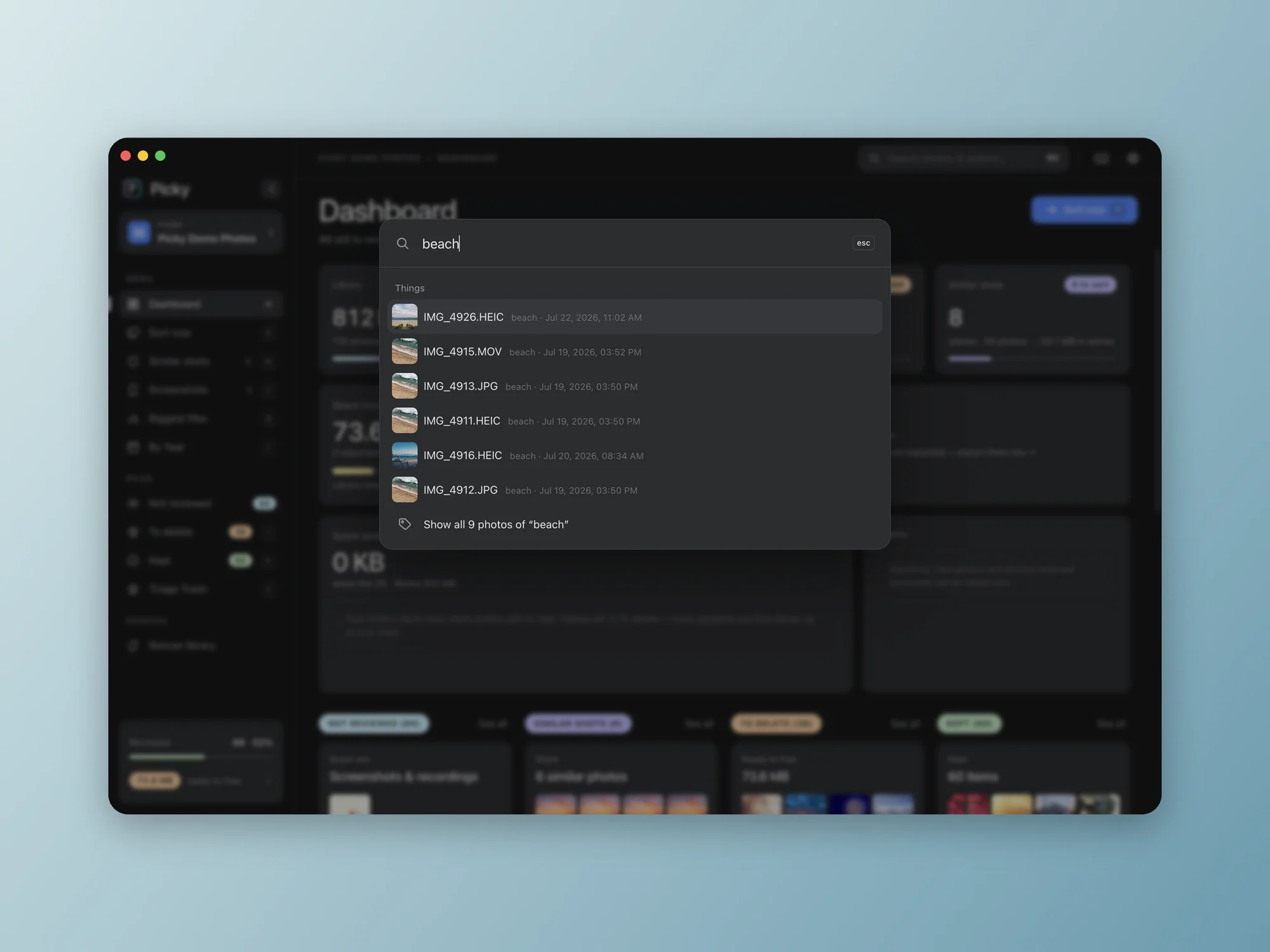 Picky search palette in dark mode, finding beach photos by what's in them