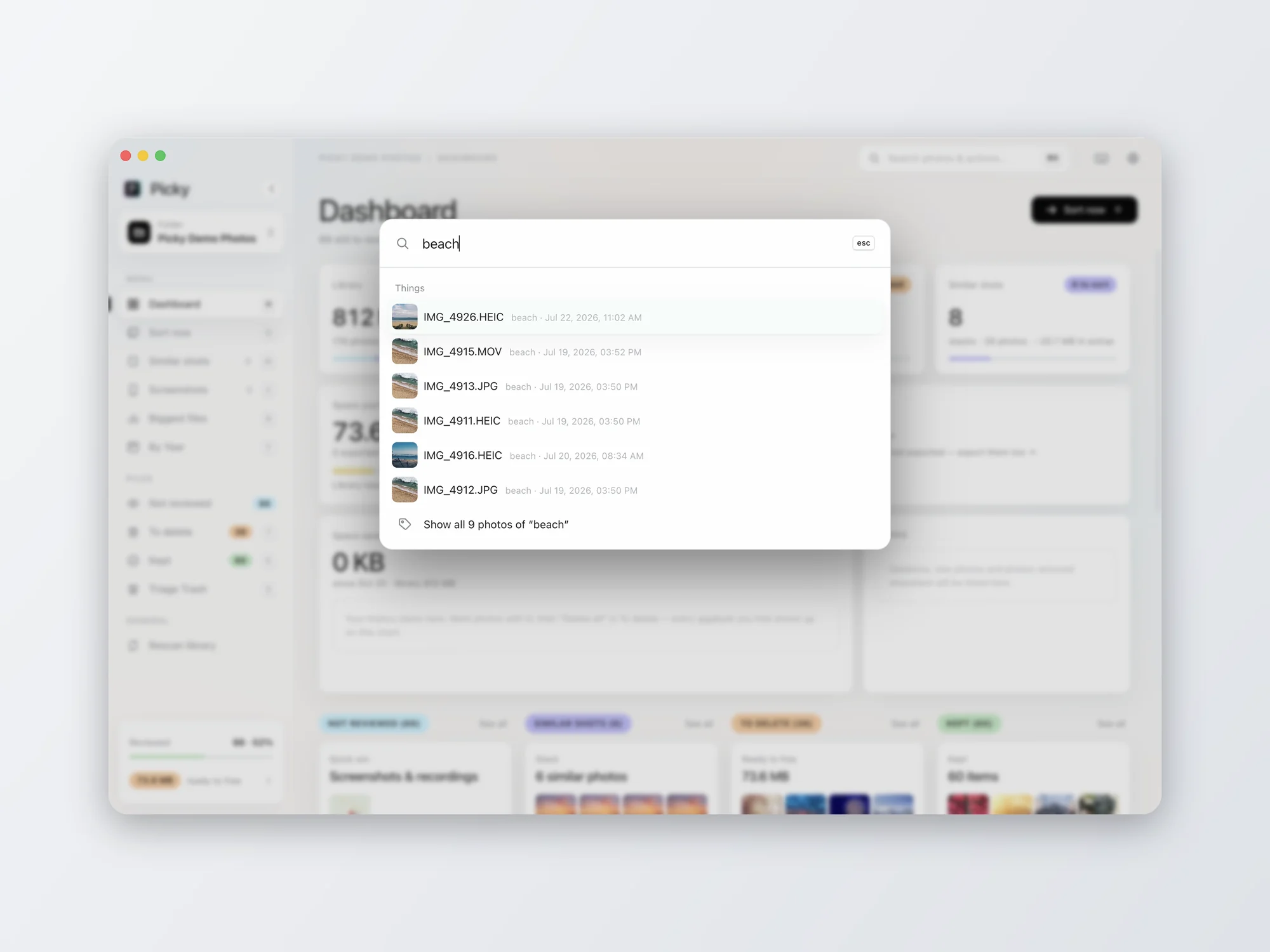 Picky search palette in light mode, finding beach photos by what's in them