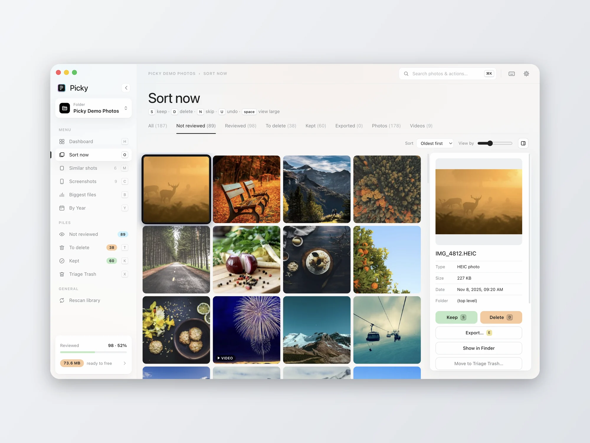 Picky Sort now grid with keep and delete buttons beside a large preview of the selected photo, light mode