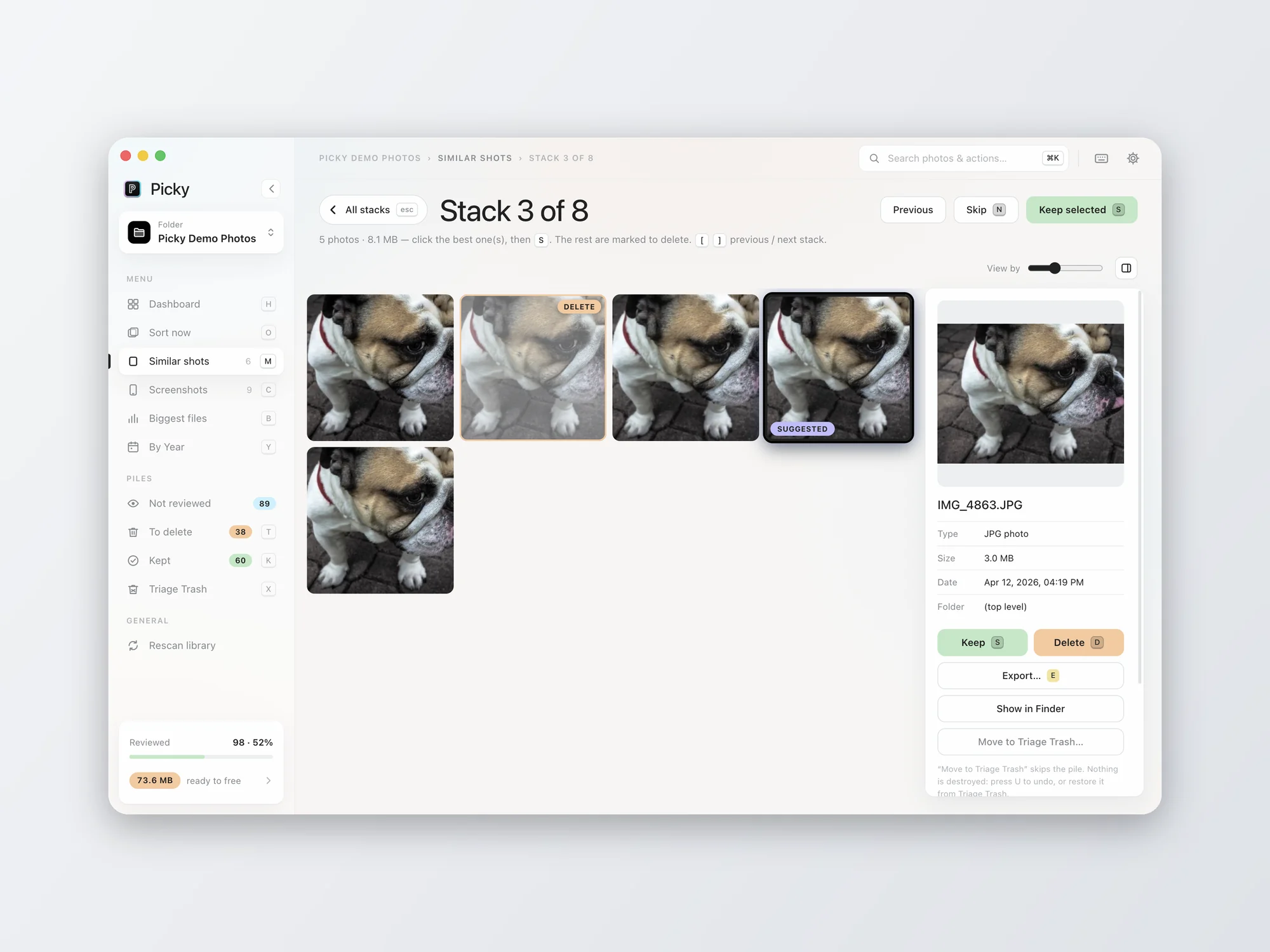 An open Picky stack of five similar dog photos with the suggested best photo highlighted, light mode