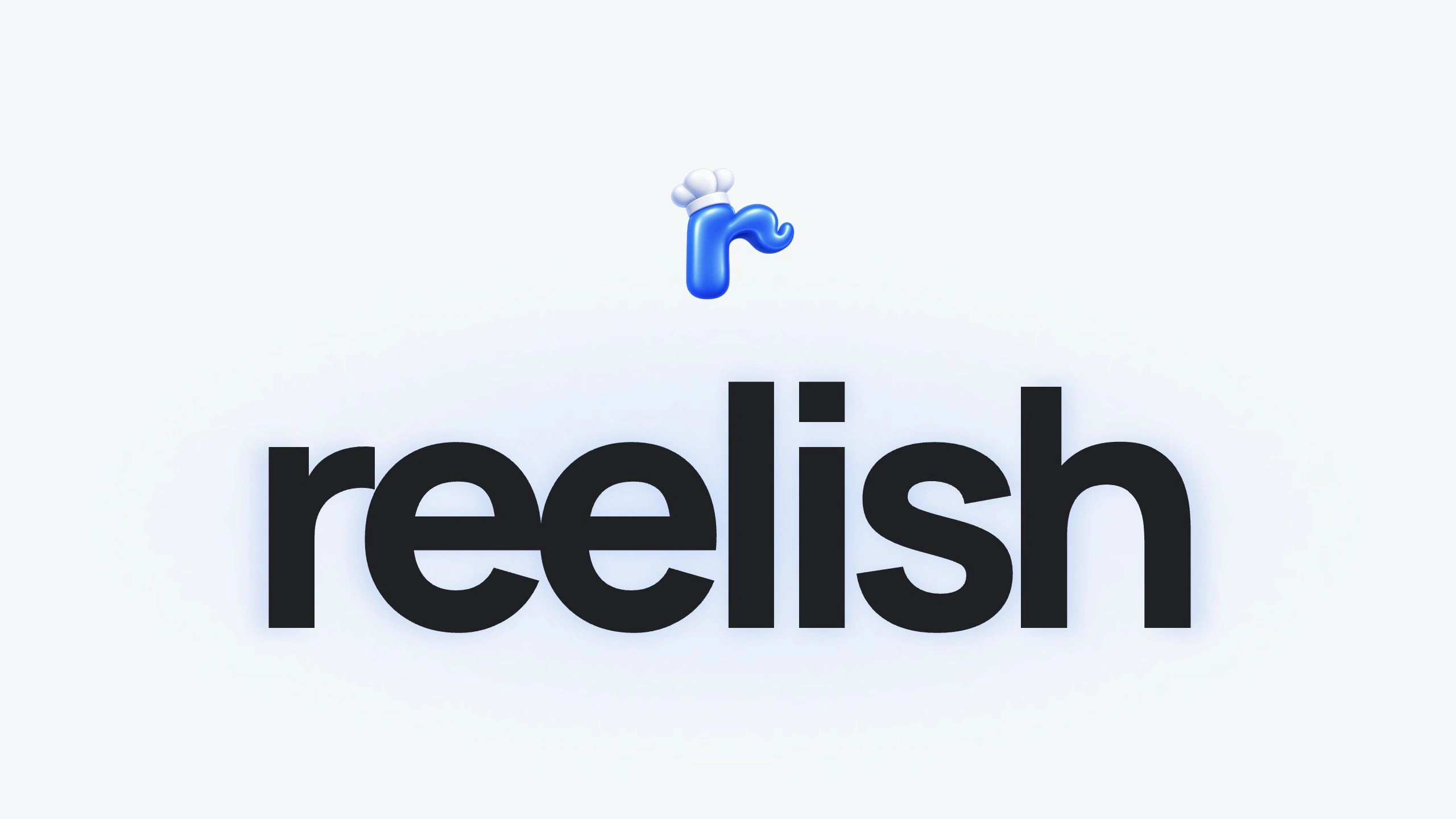 Reelish chef-hat logo above the lowercase reelish wordmark in its brand font, with a soft blue glow