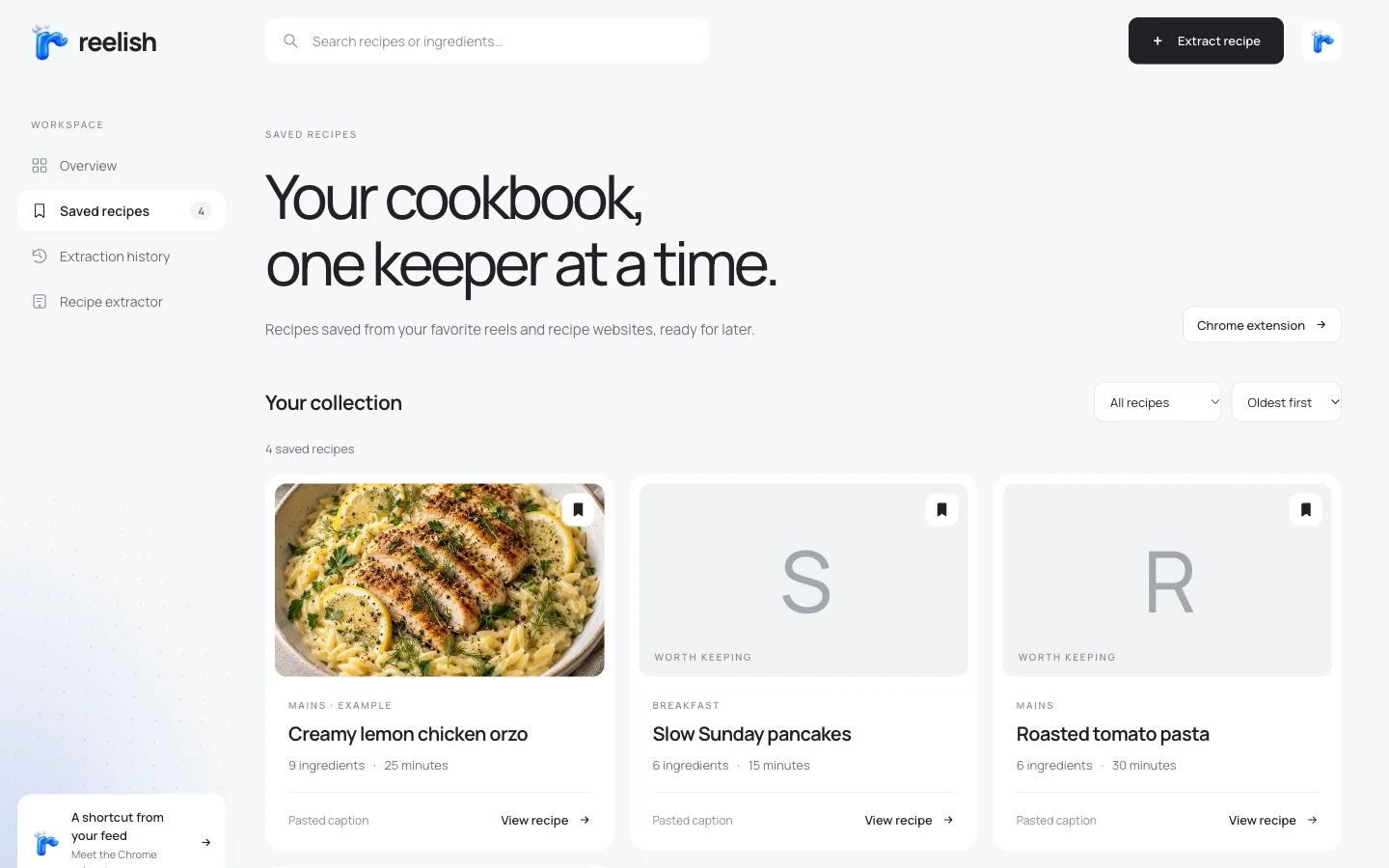 Reelish cookbook preview with recipe search, category filters, and saved recipe cards