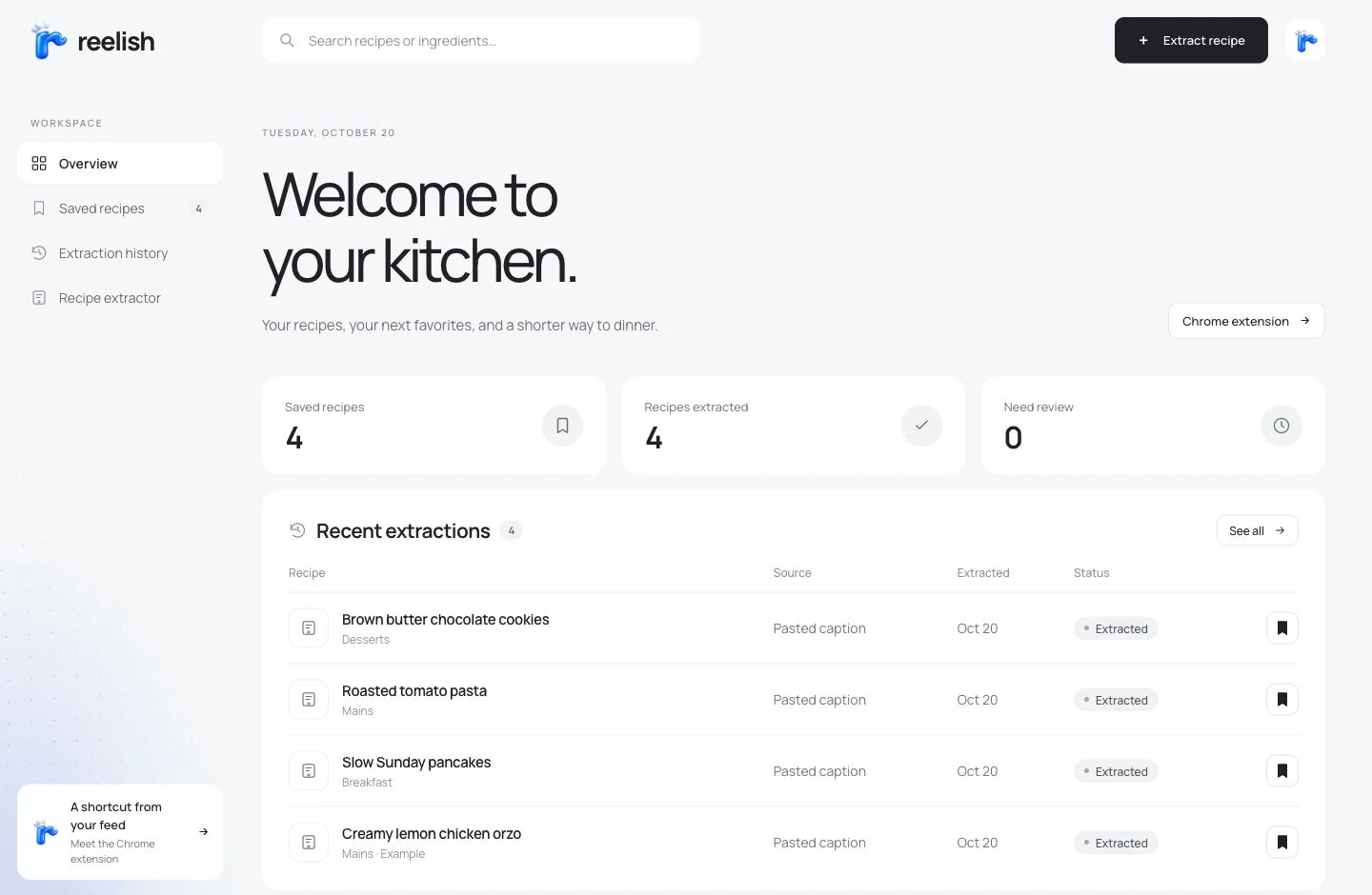 Reelish dashboard preview with kitchen overview, saved recipe counts, and recent extractions