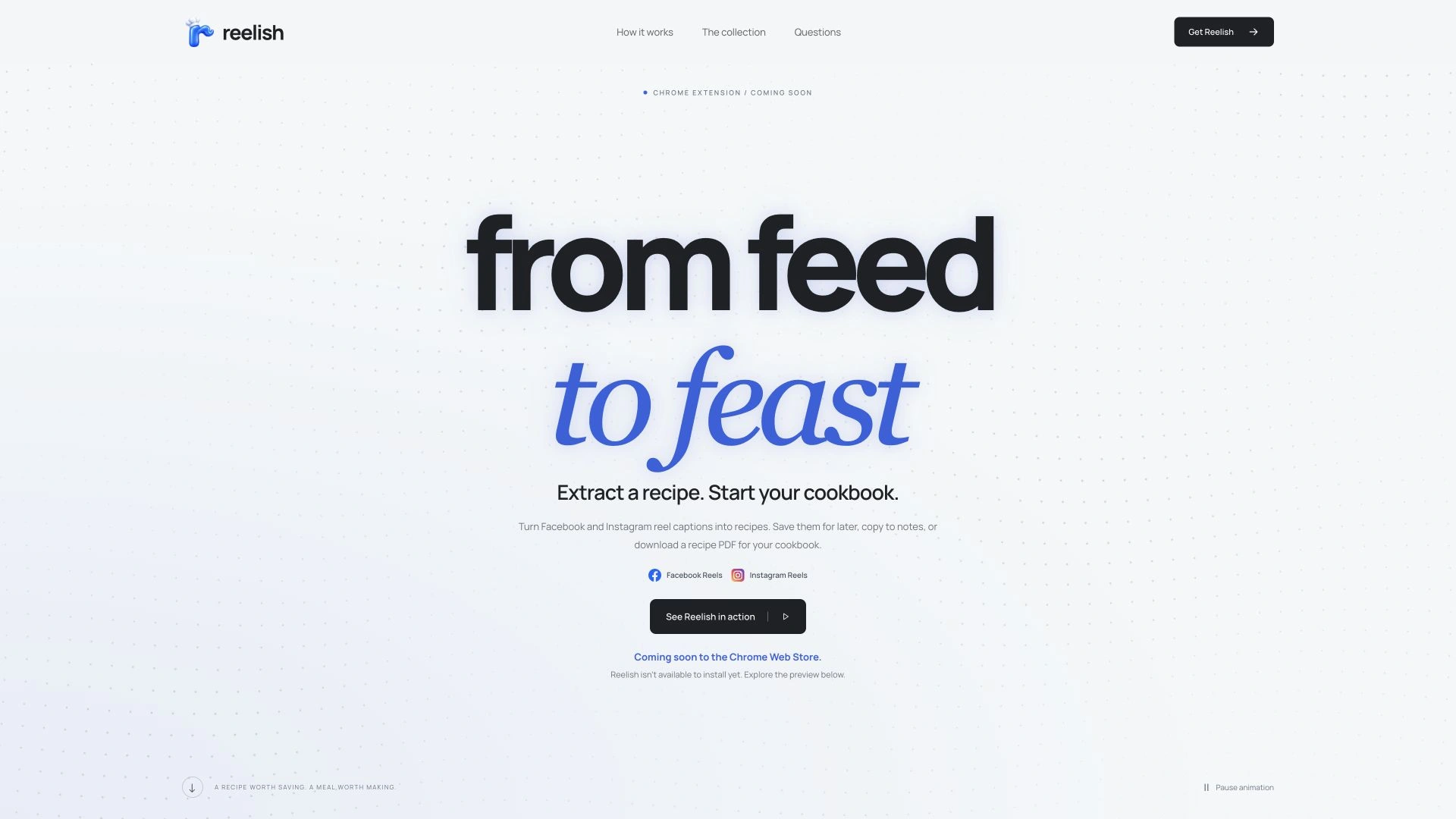 Get Reelish landing-page hero with the headline from feed to feast, blue italic typography, and a dotted background