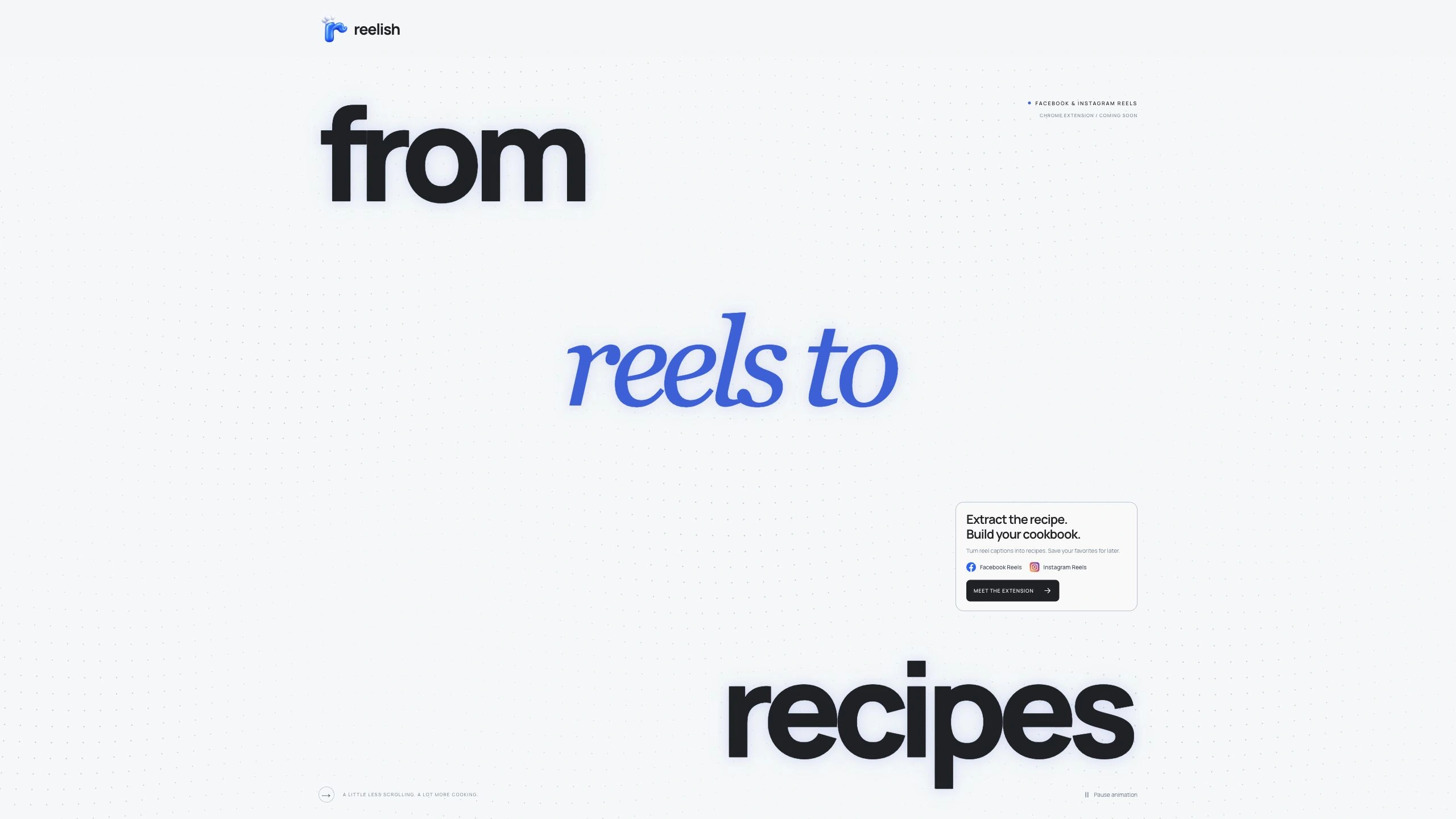 Reelish homepage: from reels to recipes in oversized black and blue type
