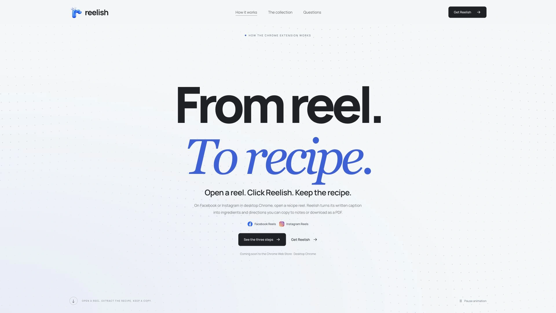 Reelish How it works hero with the headline From reel. To recipe. and an introduction to the Chrome extension