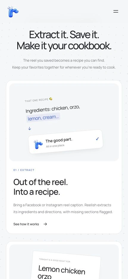 Reelish mobile landing page scrolled to the recipe extraction feature cards
