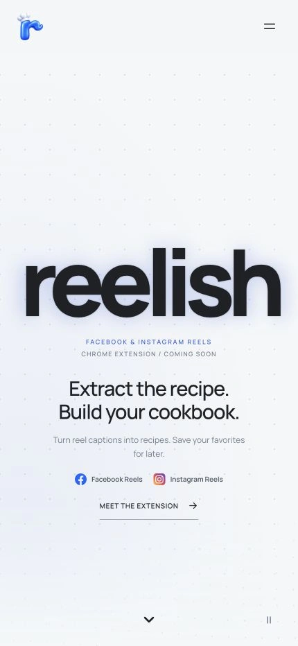 Reelish landing page on a mobile screen, showing the large wordmark, recipe message, and extension link