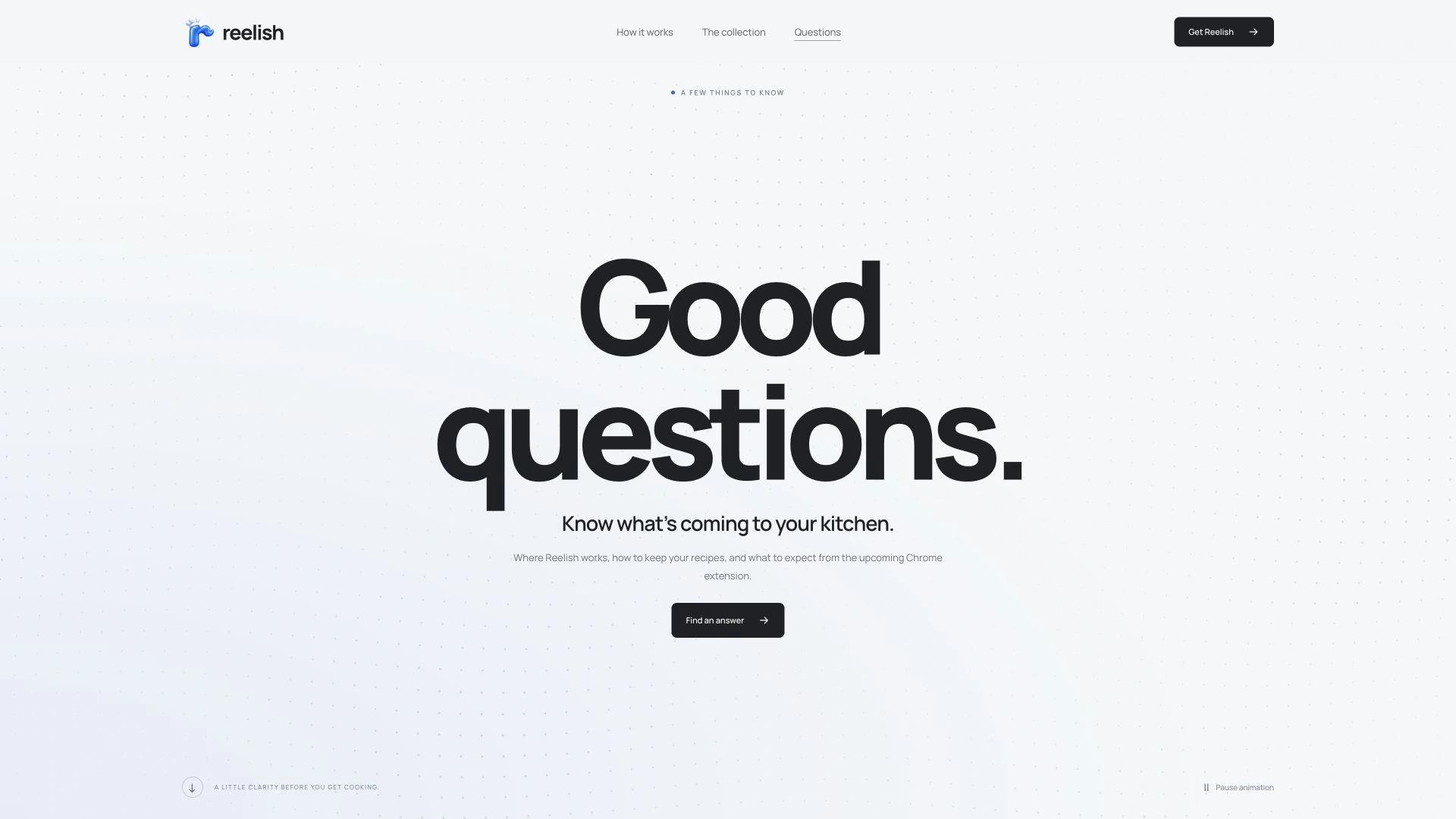 Reelish Questions landing-page hero with oversized Good questions typography and a softly dotted background