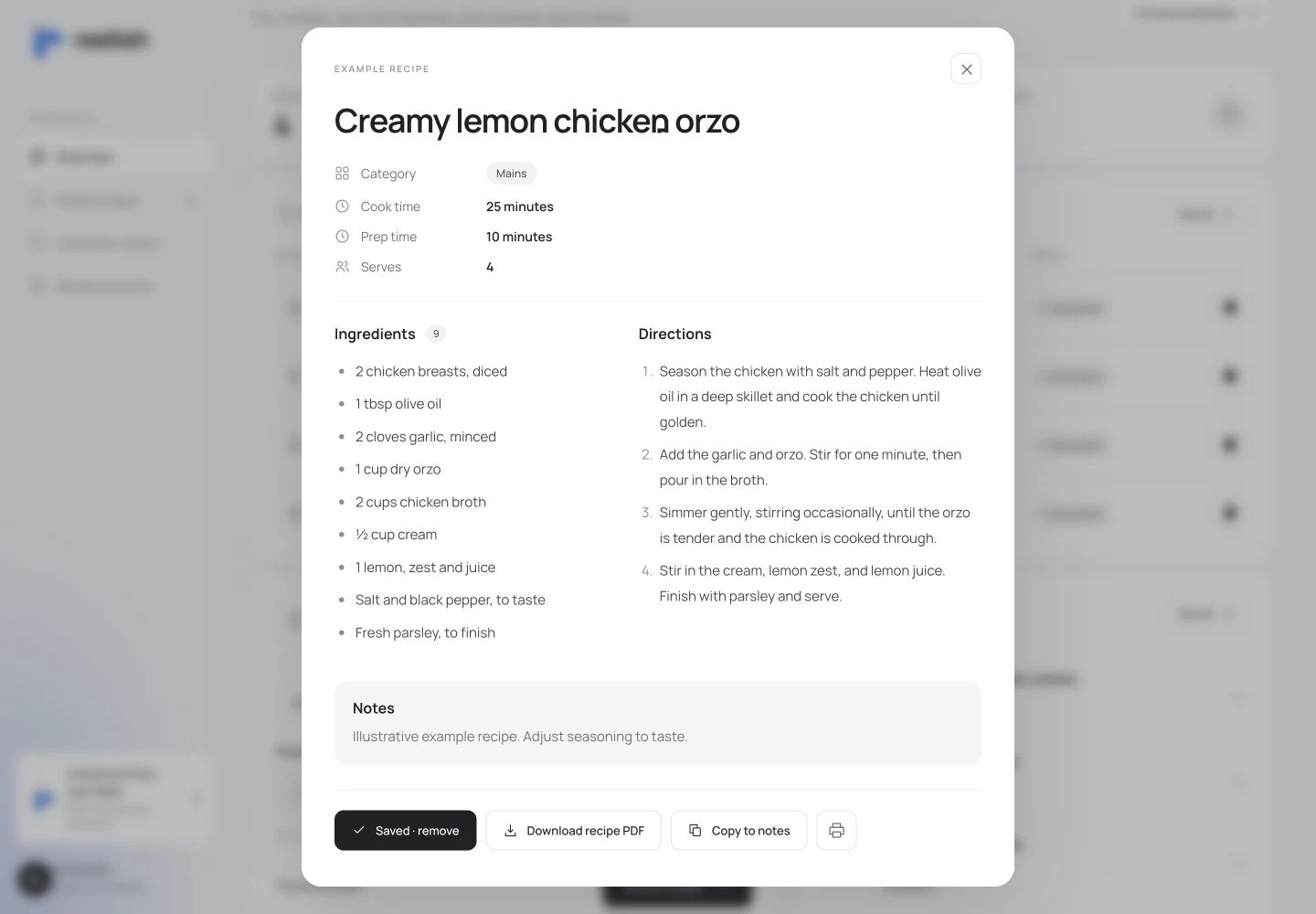 Reelish recipe detail preview with ingredients, cooking instructions, and export options
