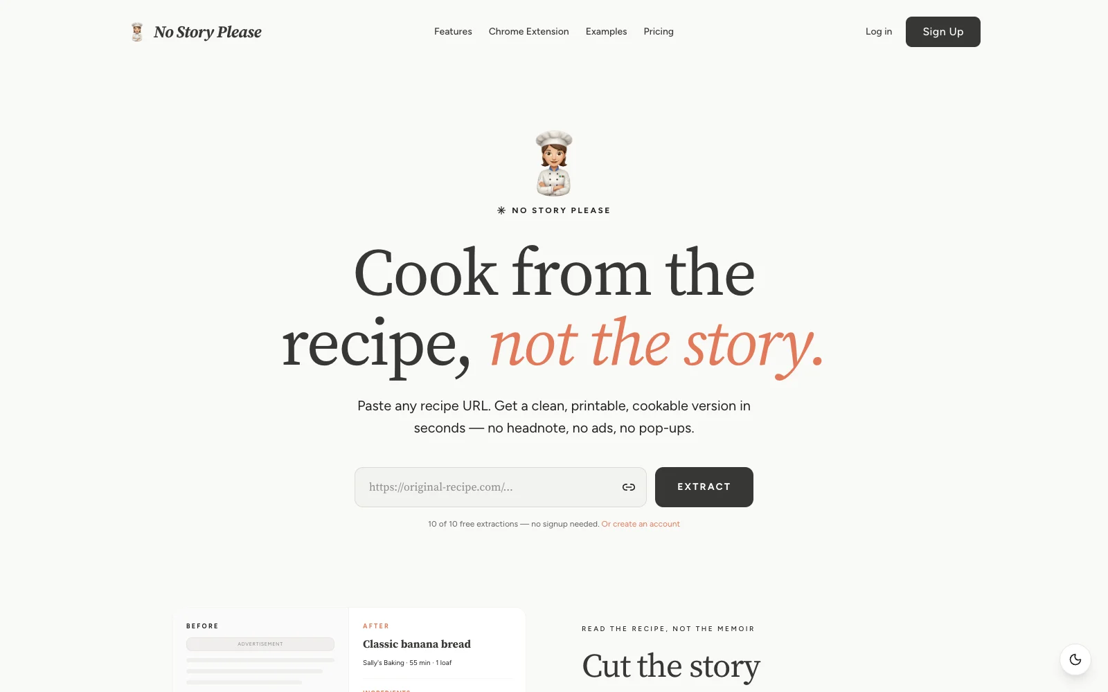 No Story Please recipe extractor homepage designed and developed by Michele