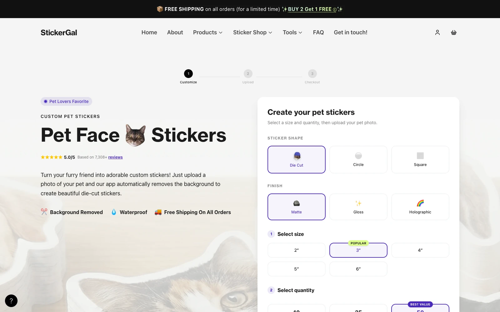 StickerGal branded product page with its wordmark, clean typography, and purple-accented sticker customization options