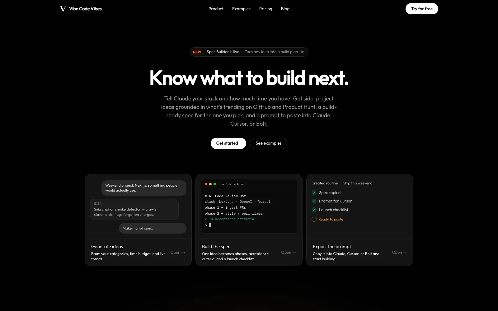 Vibe Code Vibes homepage with project idea, build specification, and export previews