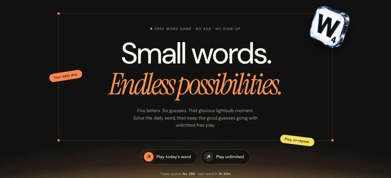 word-y landing page with charcoal backgrounds, orange typography, and a dimensional letter tile